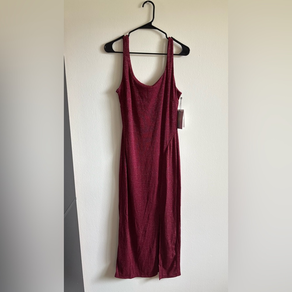 NanaMacs Life Is A Runway Metallic Knit Midi Dress With Slit (Ruby) Large